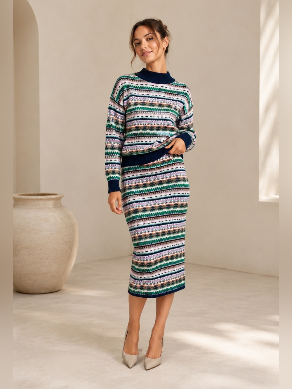 J.Crew Fair Isle Knit Wool Tube Skirt and Sweater Set in Navy Teak Size XXS